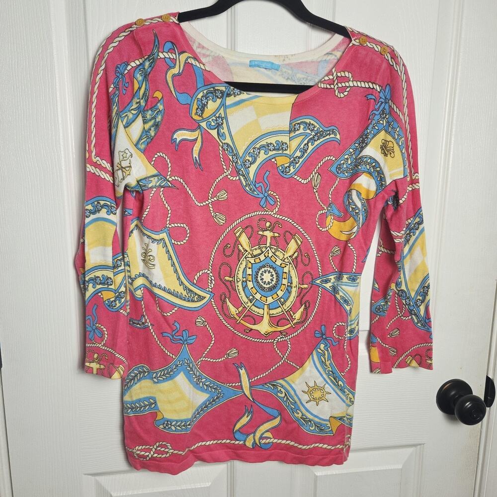 J. McLaughlin Shirt Womens Small Pink Nautical Print Boat Neck Tunic 3/4 Sleeve